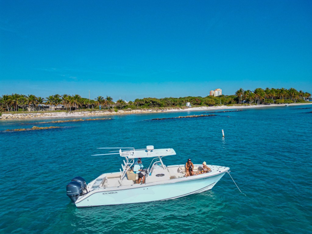 Aerial view of a private boat anchored off Peanut Island