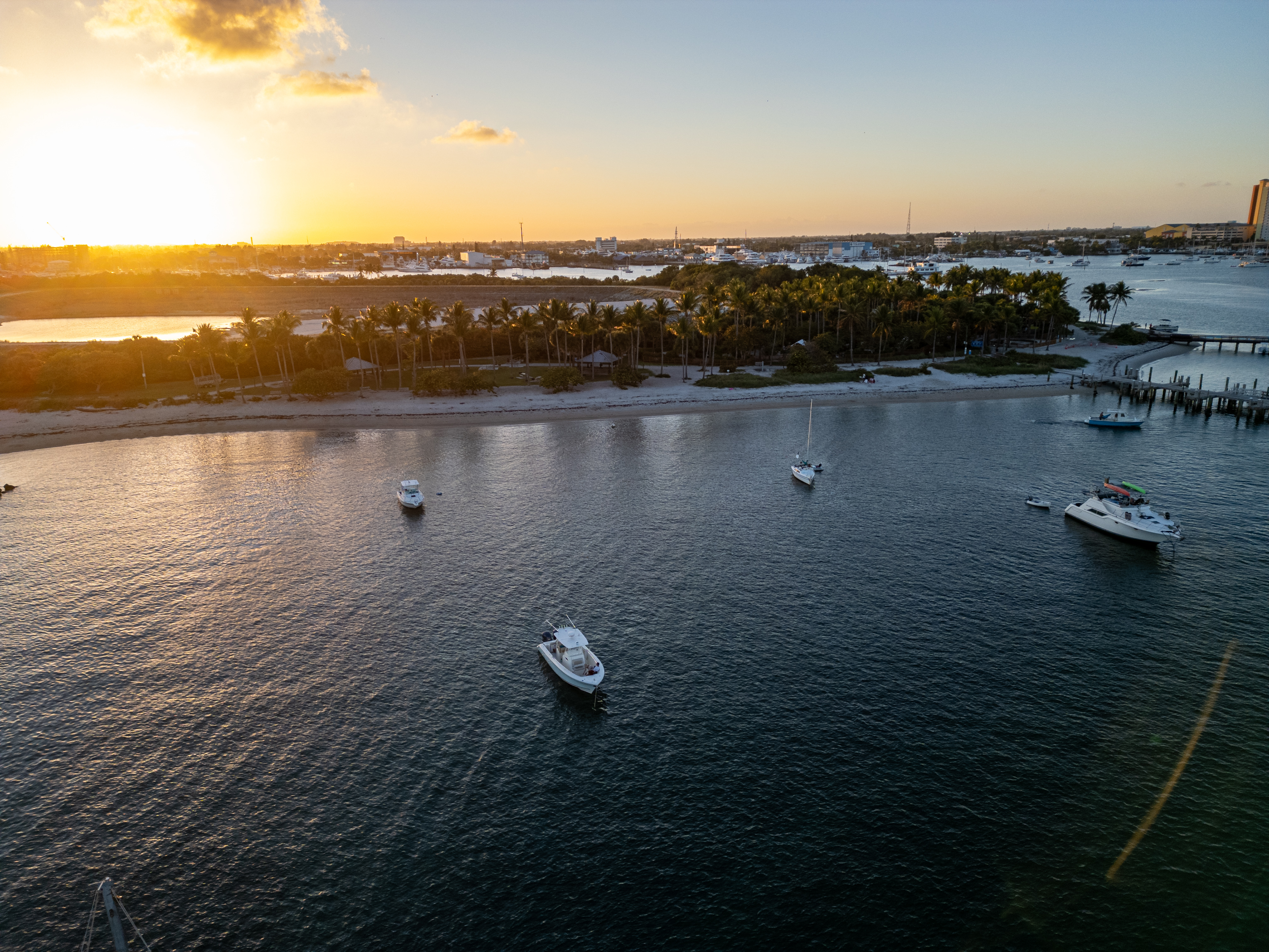 Aerial view of a private boat on a Palm Beach sunset cruise